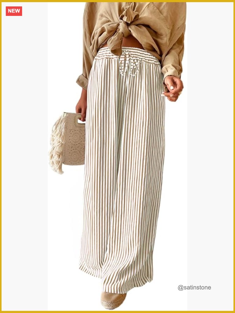 Striped Wide Leg Palazzo Pants With Elastic Drawstring Waist And Pockets